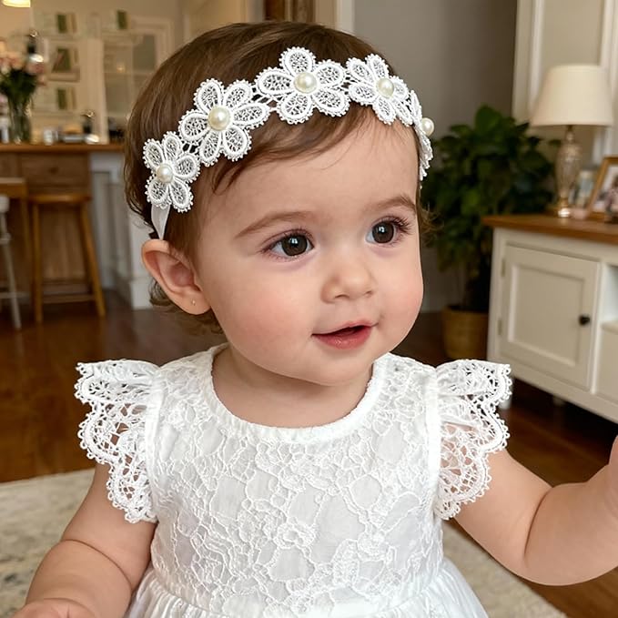 Baby Girls Hairband White Bow Lace Headbands Handmade Soft Stretchy Wide Head Band Newborn Hairbands with Bows Pearls Elastic Headband for Infant Hair Accessories（White Lace Flowers）