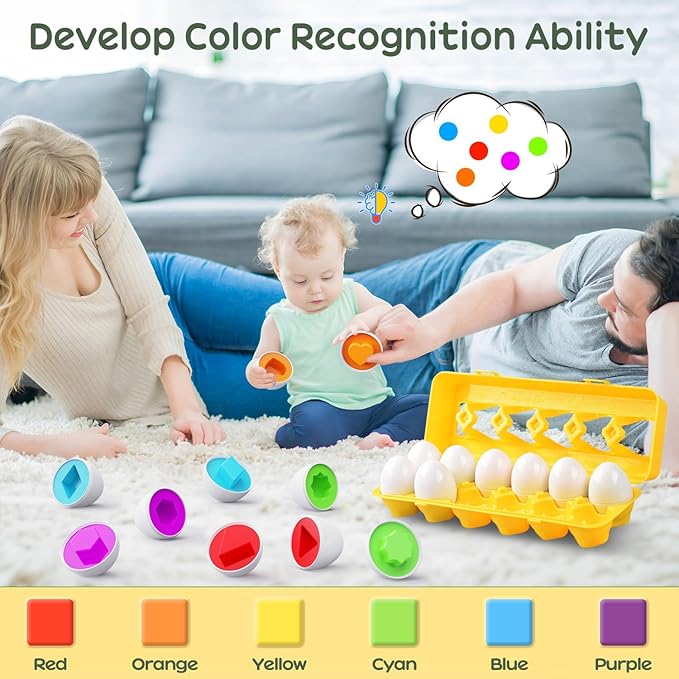 CPSYUB Matching Egg Toy 12 PCS for Toddlers Ages 1-3 Kids, Easter Eggs Shape & Color Recognition with Carton, Montessori Sensory Sorter Toddler Toys for Travel Play, Gifts for Year Old Baby (Yellow)