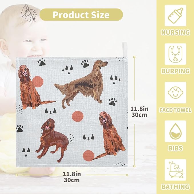 vvfelixl Irish Setter Dog Pattern Baby Burp Cloths Baby Muslin Washcloths for Boys Girls Cotton Baby Face Towel for Newborn Infants Soft and Absorbent 11.8 X 11.8 in, 5 Pack
