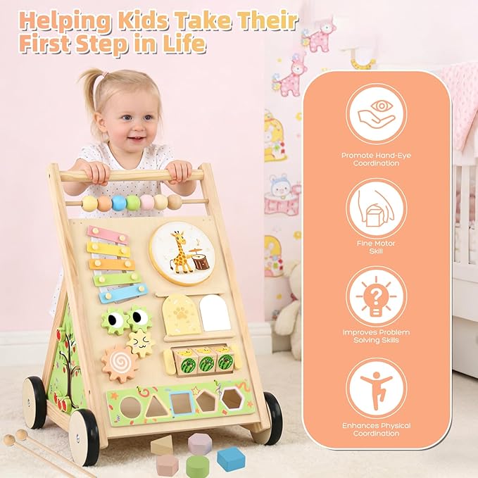 Wooden Baby Walker with Wheels Baby Push Walker for Boys Girls 6-12 Months Wooden Walker Activity Center Walking Toys for 1 Year Old Learning to Walk Sit to Stand Walker for Baby 12-18 Months Push Toy