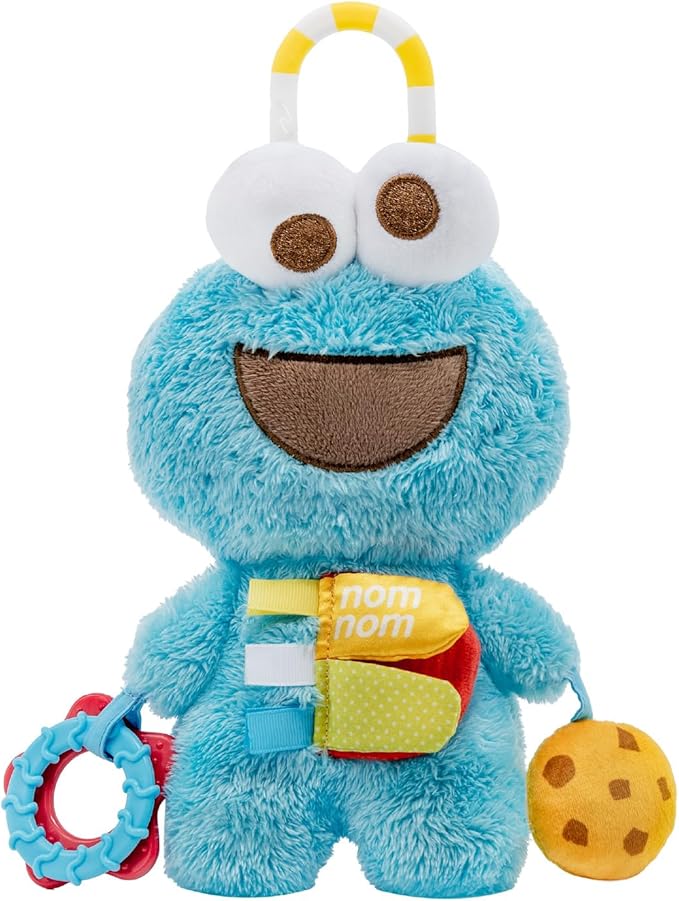 Kids Preferred Sesame Street Cookie Monster Activity Toy with Teething Rings, Crinkle Sounds, and On The Go Clip for Babies and Infants