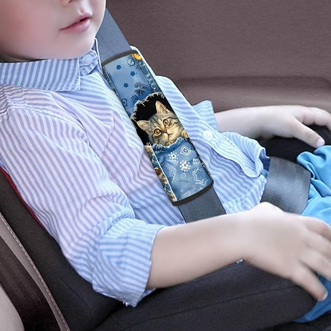 Biyejit 2 Pack Cute Denim Cat Seat Belt Covers for Kids, Soft Seat Belt Cushion for Children, Anti-Slip Design Car Seat Belt Pads Cover for Girls and Boys Car Accessories