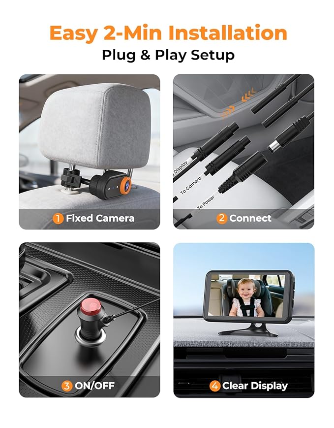 LUCKVIEW BM2A Baby Car Camera – 3X Zoom to See Baby Clearly, 5.2" 1080P Display & Auto IR Night Vision, Rear-Facing View Monitor, Easy Install for Parents & Pet Owners