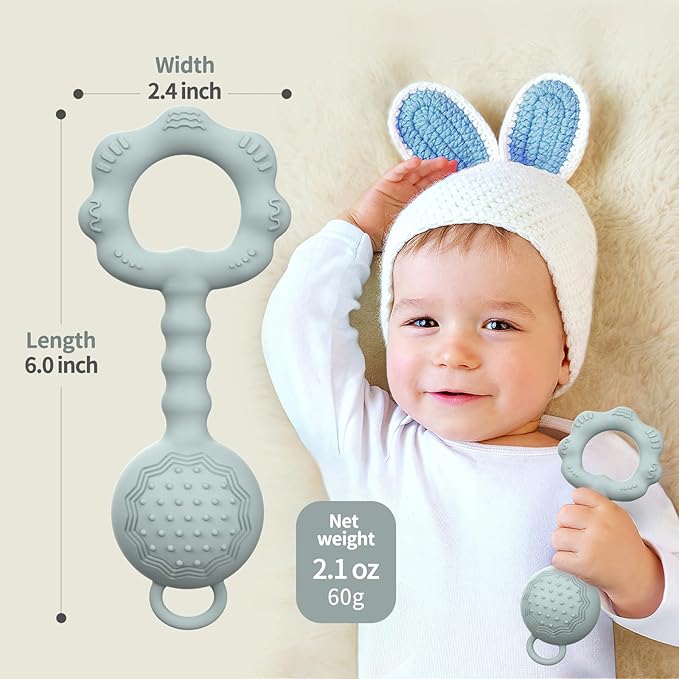 Teethers for Babies 0-6 Months, Rattles for Babies 6-12 Months, 2-in-1 Rattle and Teether Toy for Soothing Sore Gums and Keeps Little Ones Entertained, Food Grade Silicone, Gray