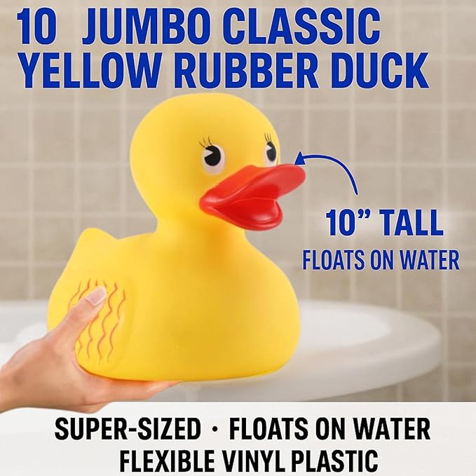 10" Jumbo Classic Yellow Rubber Duck Bathtime Toy, Floating Fun Pool Preschool Bathtub Toy, Giant Flexible Large Yellow Duck for Kids (1)