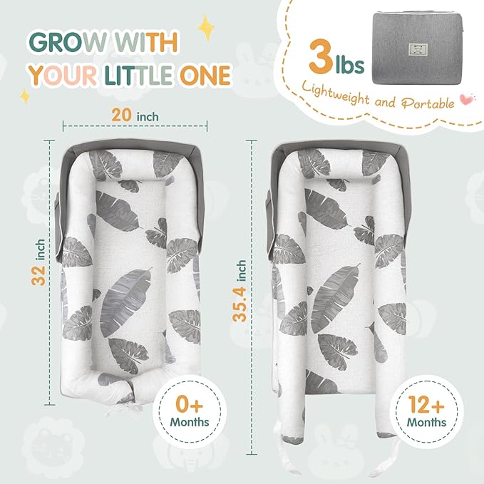 Portable Baby Lounger - Foldable Infant Lounge with Adjustable U-Shaped Bumper & Storage Bag, Breathable Cotton Snug Spot for Supervised Rest & Play at Home or On The Go,Gray Leaf