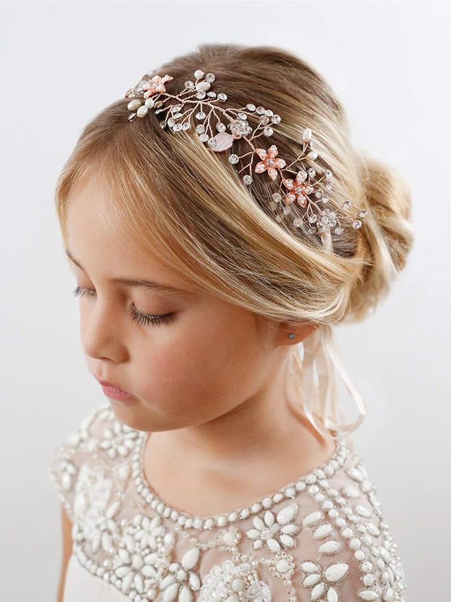 SWEETV Flower Girl Headband for Wedding, Baby's Breath Hair Piece, Rose Gold Headpiece for Birthday Party, Photography