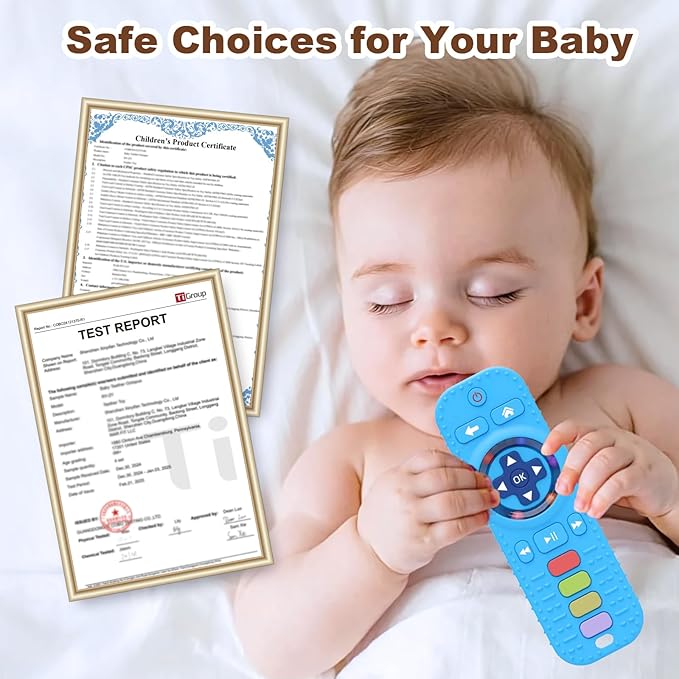 HAILI XMGQ Teething Toys for Baby, Sensory Baby Chew Toy, Rattle Ring Teether Toys for Babies 0-3-6-12 Months, Silicone TV Remote Control Shape for New Baby Gift (Blue)