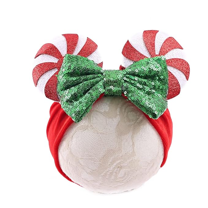 JIAHANG Christmas Mouse Ears Headwrap with Lollipop, Velvet Hair Bow Turban Knotted Headband, Baby Girl Wide Hairband for Newborn Infant Toddler, Party Headwear (christmas headwrap 2)