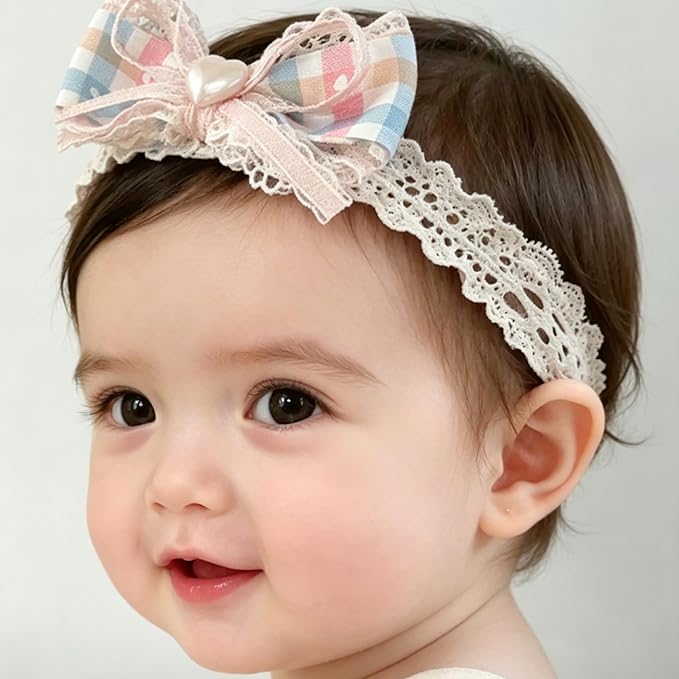 Baby Girls Hairbands Bow Lace Headband Handmade Soft Stretchy Pink Bowknot Hairbands Newborn Hairband with Bows Elastic Hair Bands for Kids Infant(Pink Blue Heart Bow