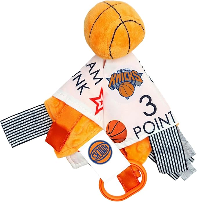 The Learning Lovey New York Knicks Baby Tag Toy - NBA Basketball - Baby Sensory Crinkle Toys - Soft & Safe - Ideal Baby Stroller Toy - BPA Free w/Stroller Clip