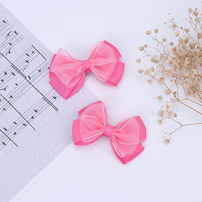 Tiny 3 Inch Organza Double Hair Bow Clips - Lined Boutique Alligator Hairpin for Baby Girls, Toddlers, and Little Teens - Kids Barrettes Set of 2 Small Stylish (Light Hot Pink)