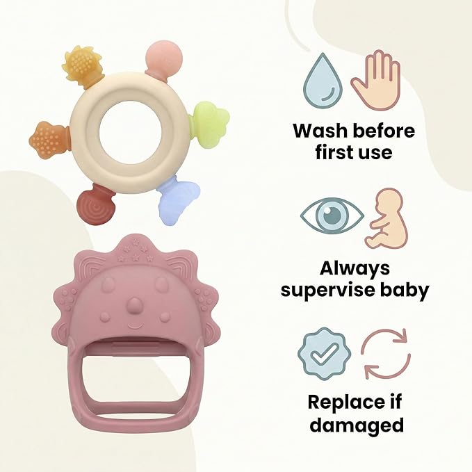 Baby Teething Toys 2 Pack, Dinosaur Mitten Teether and Ring Sun Teether with 6 Chewing Points, Silicone Chew Toys for Infants 0-6 6-12 Months, BPA Free Soothing Gum Relief Set (Pink)
