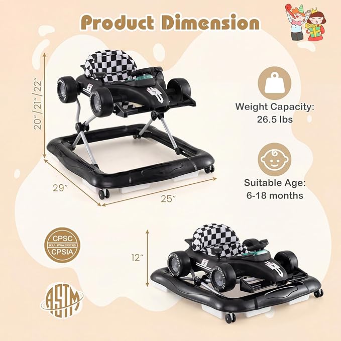 BABY JOY 4-in-1 Baby Walker, Foldable Activity Walker with Push Mode, Adjustable Height, Lights, Anti-Rollover, Baby Walker with Wheels for Boys Girls 6-18 Months (Black)
