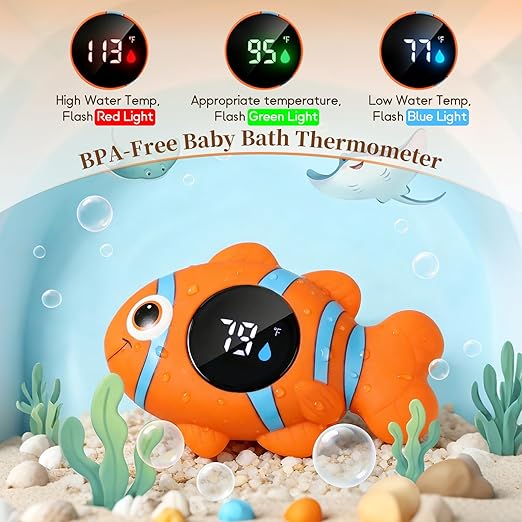 Baby Bath Thermometer, with LED Display and Temperature Warning,Kids' Bathroom Safety Products, Newborn Bath Safety Toy Thermometer (Clownfish)