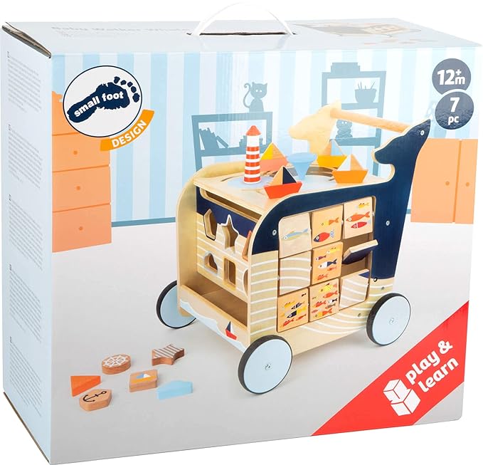Wooden Whale Baby Walker by Small Foot – Classic 5-in-1 Activity Center - Interactive Toy with Shape Sorter, Puzzle Maze, Compass, Chalkboard - Develops Kids Coordination, Motor Skills –Age 12+ months