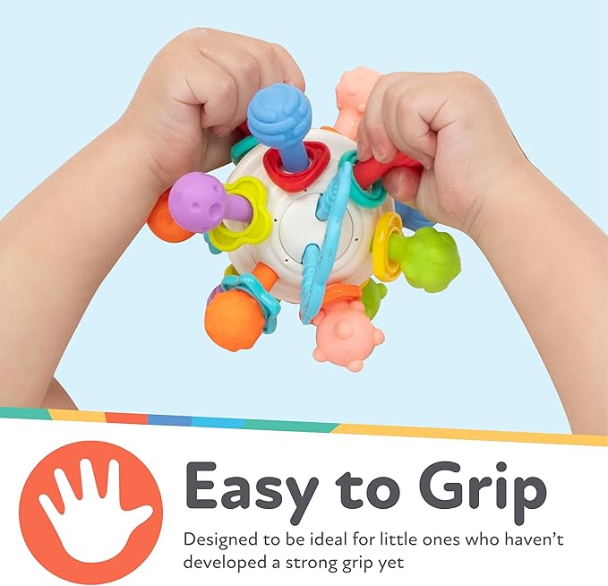 Nuby Twist Ball Teether Activity Toy with Rattle and Fun Bright Colors - Montessori Sensory Toy Develops Fine Motor Skills - 3 + Months - Easter Basket Stuffer