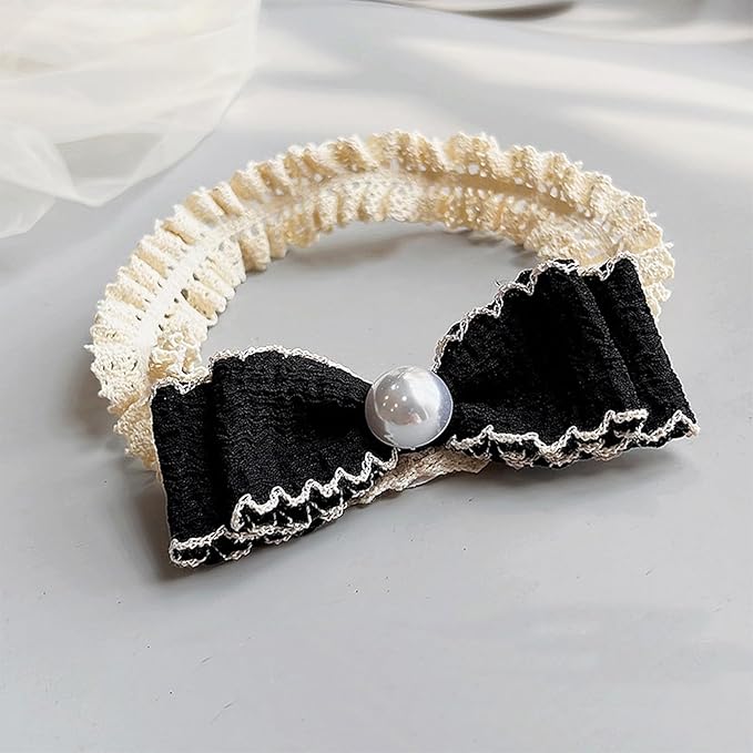 Bow Lace Headbands for Baby Girls Soft Tulle Ribbon Pearl Head Wrap Elastic Bow-knot Hair Band Shower Birthday Hair Accessory for Newborn Infant Toddler (Black A, Elastic)