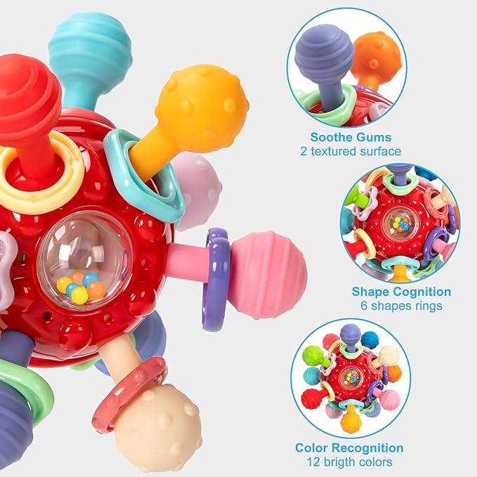 Easter Baby Teething Toys for 0-6 6-12 Months, BPA Free Food Grade Silicone Teether, Infant Sensory Chew Rattles Toys, Perfect Baby Easter Basket Stuffers & Easter Gifts, Red