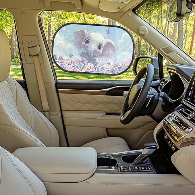 Bulopur Cute Elephant Floral Car Window Shade for Baby in Car 2 PCS UV Protection Breathable Side Window Screens Auto Interior Automotive Universal Fit Mesh Side Windshield Shades