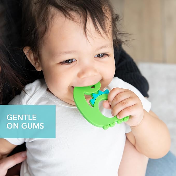 Bumkins Baby Teething Freezer Toy Keys Rings, Soft Flexible Silicone Pacifier, Safe to Chew, Cool Teether Gum Relief, Essentials for Babies 3 Months, Freezable, Sensory Textured, Dinosaur Green