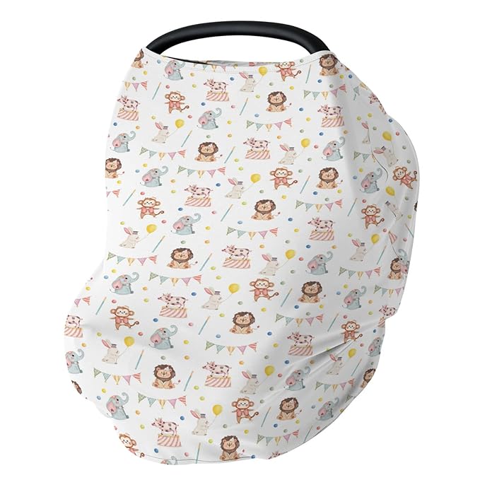 Cute Circus Animals Car Seat Cover for Babies Monkey Elephant Lion Rabbit Pig Stretchy 5-in-1 Cover Adjustable Car Canopy Breastfeeding Cover Colorful Zoo Animals Breathable Nursing Cover-Up