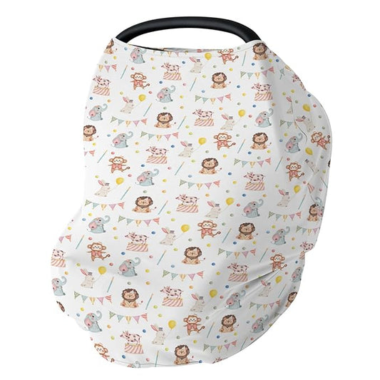 Cute Circus Animals Car Seat Cover for Babies Monkey Elephant Lion Rabbit Pig Stretchy 5-in-1 Cover Adjustable Car Canopy Breastfeeding Cover Colorful Zoo Animals Breathable Nursing Cover-Up