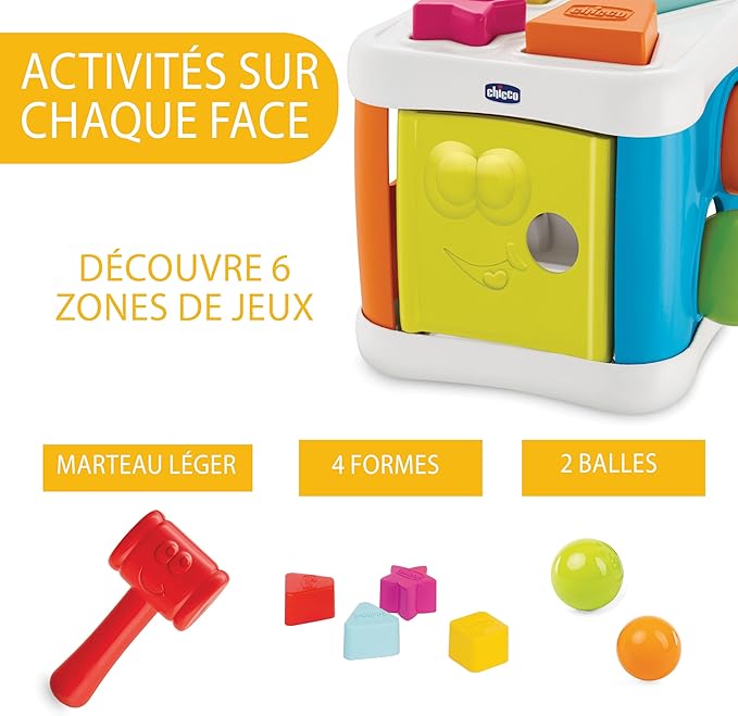 Chicco Cube with Stroke and Hammer 2 in 1, Game Shapes and Rods for Children with 4 Geometric Shapes, 2 Balls and Hammer, Multifunctional Dice - Educational Game 10 Months - 3 Years