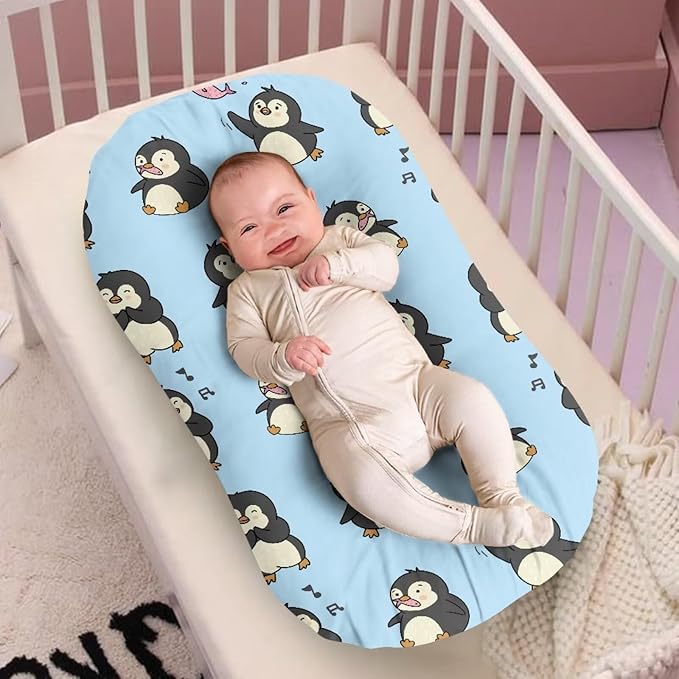 Penguin Kawaii Baby Nest Newborn Lounger 0-24 Months Sleeping Pillow Stretch Fitted Floral Soft Breathable for Boys Girls Blue