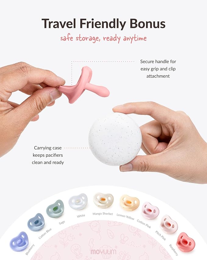 Moyuum Silicone Macaron Pacifier | Made in Korea, BPA Free One-Piece Design Baby Soother, Soft Orthodontic Shape with Air Holes, 2 Pack with Travel Case, Babies 3-6 Months (Blueberry+Natural, Stage 2)