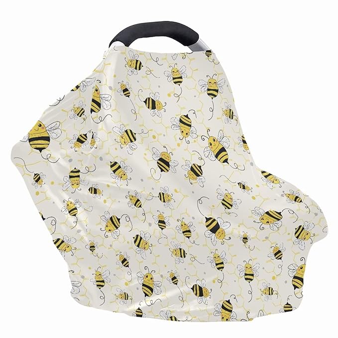 Wanyint Infant Car Seat Cover Baby Carseat Scarf Stretchy Nursing Scarf Car Seat Canopy Breathable Nursing Cover for Boys Girls Halloween Decor, Bee Honeycomb Yellow