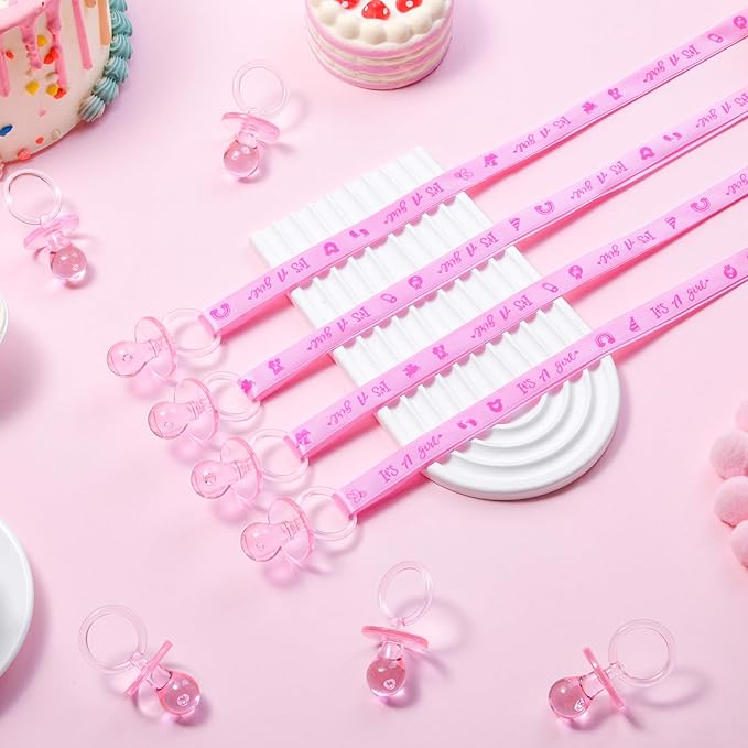 100 Pieces Baby Shower Pacifiers Necklace, Cute Acrylic Pacifier Necklaces for Chupones para Baby Shower Games Charm, Party Favors, Decorations DIY, Gender Reveal Table Scatter(Pink)