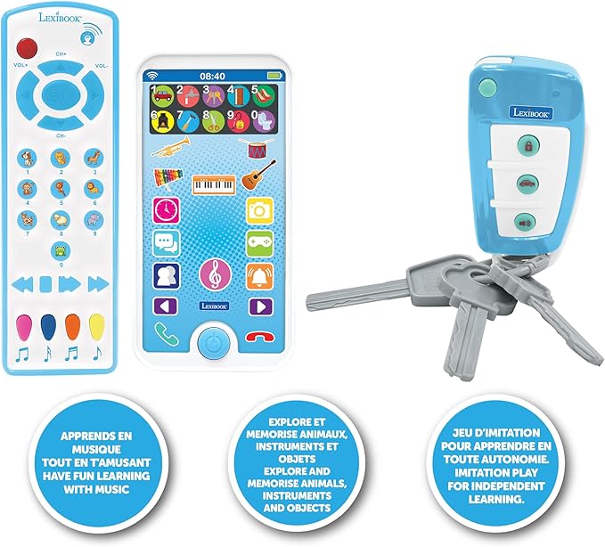 LEXiBOOK, Educational and Musical Set with Telephone, Remote Control and Key Ring, Imitation Game for Toddlers, Explore Animals, Musical Instruments and Everyday Objects, PS125