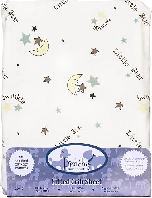 Frenchie Mini Couture Fitted Crib Sheet 100% Woven Cotton Fits Toddler Mattress, 28 x 52 x8in, Twinkle Little Star