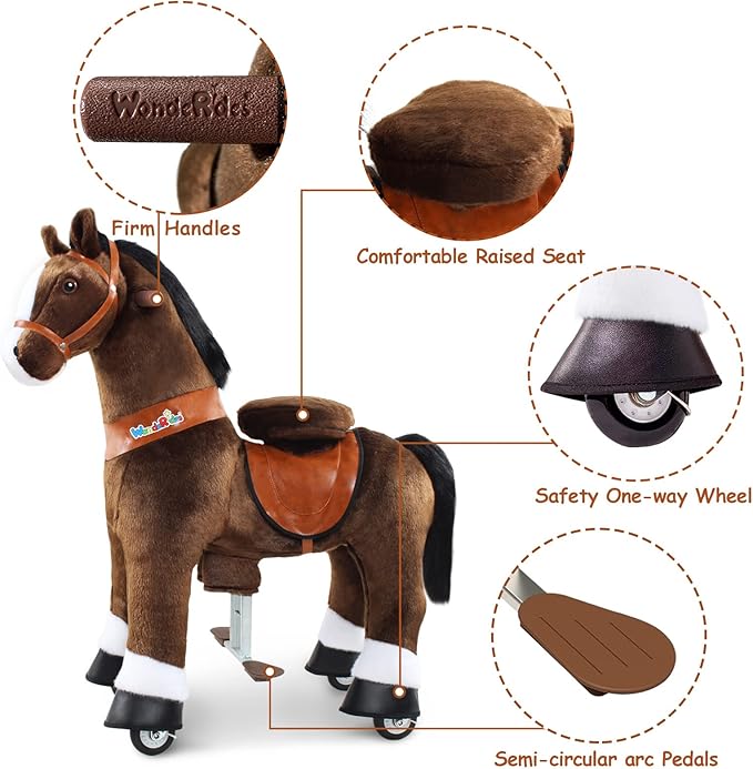 WondeRides Ride on Horse Pony Chocolate Riding Horse Toys Pony Ride Size 4 for Kids Toddlers Age 4-9, 36 inch Height Plush Walking Animal Mechanical Rocking Horse with Wheels No Battery