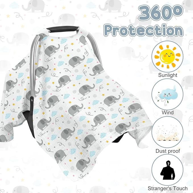Car Seat Cover Baby, 100% Muslin Cotton Infant Car Seat Canopy, Universal Baby Car Seat Cover, Breathable Nursing Cover Canopy Shower Gift Gray Elephant