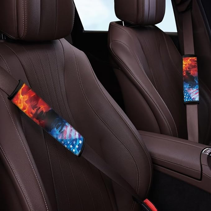 AFPANQZ 2 Pack Car Seat Belt Pad Cover American Flag Fire Car Safety Seatbelt Pad Cushion Adjustable Comfortable Driving Schoolbag Straps Pads