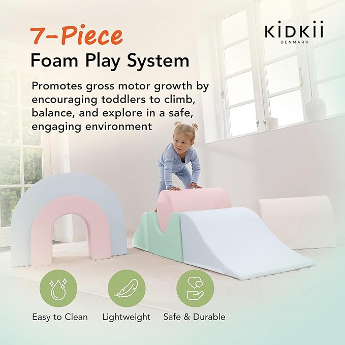 Kidkii Rainbow Play Set 7-Piece Foam Climbing & Motor Skill Play Kit, Indoor Activity Play System Set with Climbable Shapes for Toddlers, Pastel Mix