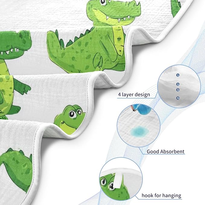 Pigsaly Cartoon Alligators Hooded Baby Towel Green Crocodiles Baby Bath Towel Unisex Soft Organic Cotton Washcloths Toddlers Shower Gifts for Boys Girls Newborn 30 x 30 in