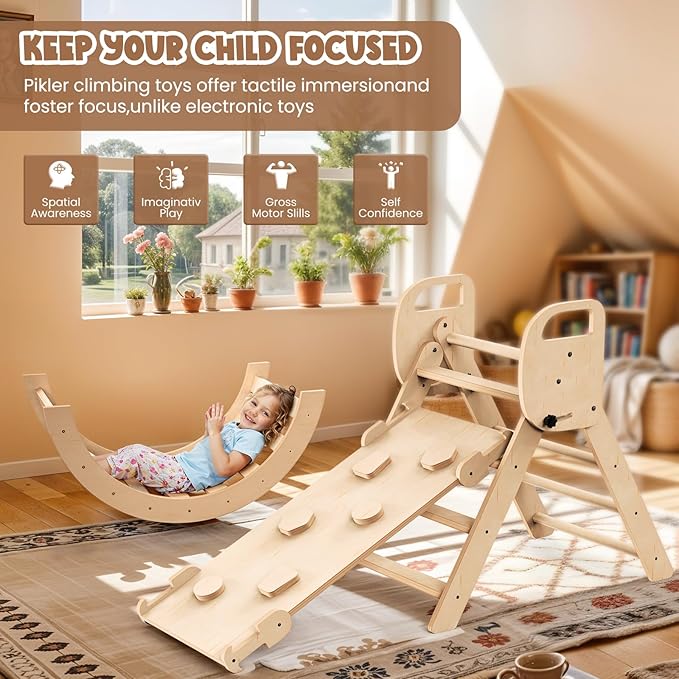 Pikler Triangle Set Foldable Wooden Toddler Climbing Toys Indoor, Playground Jungle Gym for Kids, Montessori Climbing Set for Toddlers