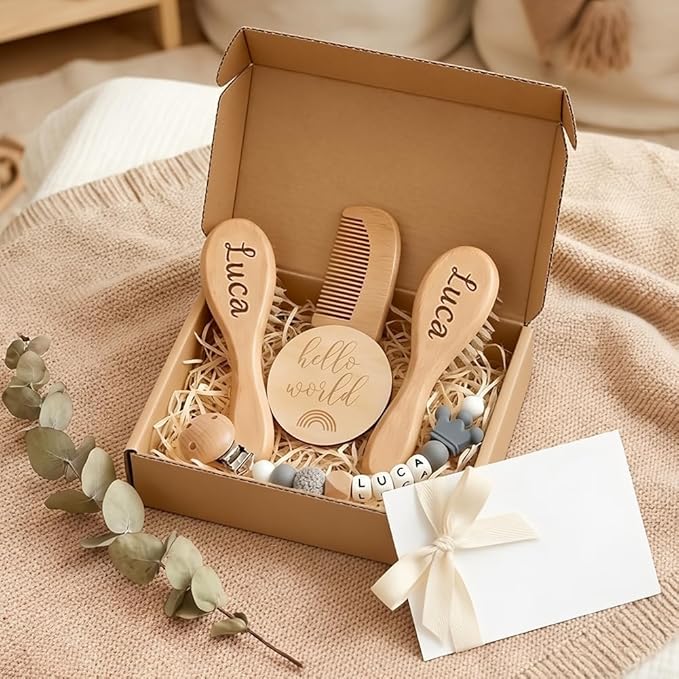 Personalized Wooden Baby Hair Brush and Comb Bristles,Personalized Pacifier Clip with Name Newborn Baby Gift Set