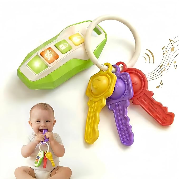 Toy Car Keys for Toddlers 1-3, Soft Silicone Baby Teething Toys with Gentle Lights and Sounds, Non-Toxic Lightweight Pretend Play Sensory Toys for 1 Year Old Boy Girl Birthday Gifts(green)