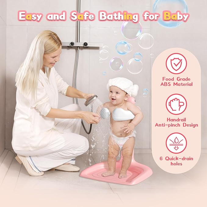 JUNEU Baby Shower Stand, Adjustable Height Baby Bath Stand with Enlarged Anti-Slip Base, Toddler Shower Standing Support, Soporte para Bañera de Bebe, Ideal Gift for Infant 6–36 Months (Pink Duck)