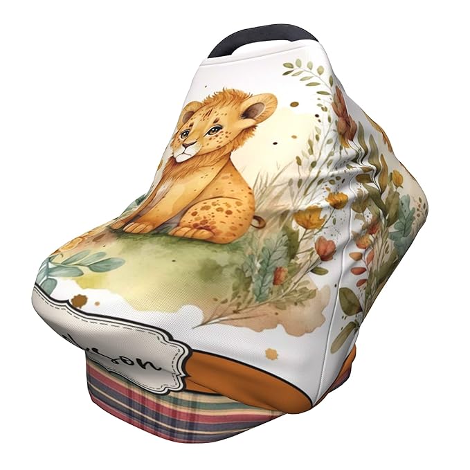 Personalized Lion Baby Car Seat Cover with Name,Multi-Use Canopy for Nursing, Strollers,Shopping Carts,Customized Breastfeeding Cover, Full Privacy,Infant Stroller Cover