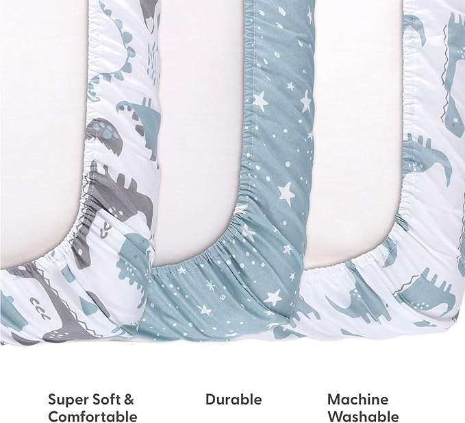 The Peanutshell Mini Crib Fitted Sheets Set, Playard, Pack Play Sheets, Playpen, Dinosaur