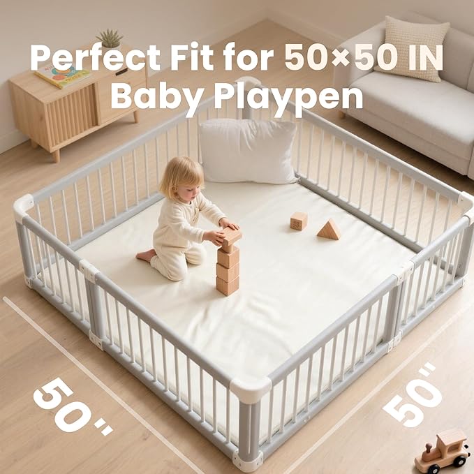 Huloo Sleep Baby Play Mat 50x50 Inches,1.3" Thick Padded Waterproof Floor Cushion & Playpen Mat with Vegan Leather,Non-Slip & Non-Toxic Nursery Rug for Infants, Toddlers & Kids(Cream)