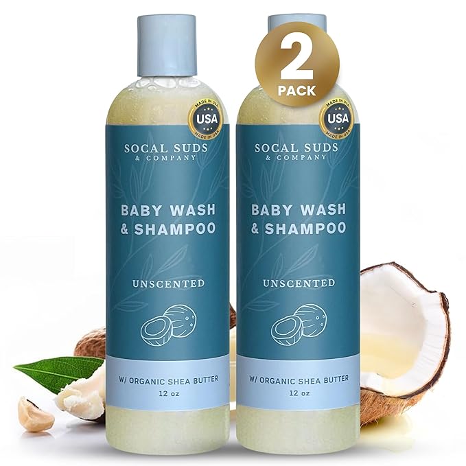 SoCal Suds & Company Baby Body Wash & Shampoo - Shea Moisture for Sensitive Skin - Fragrance Free Hair & Body Soap - Gentle Bath Products for Toddlers & Babies - 2 Pack Fragrance Free12oz Bottles