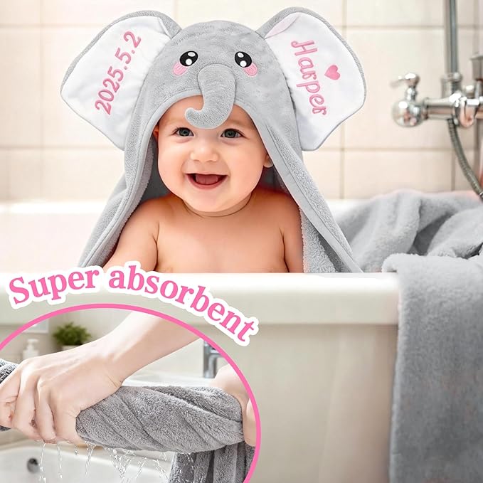 Custom Hooded Baby Towels with Name, Personalized Bunny Easter Gifts for Toddlers, Custom Baby Bath Towels for Newborn, Ultra Soft and Absorbent, Ideal for Girl Boy (Elephant)