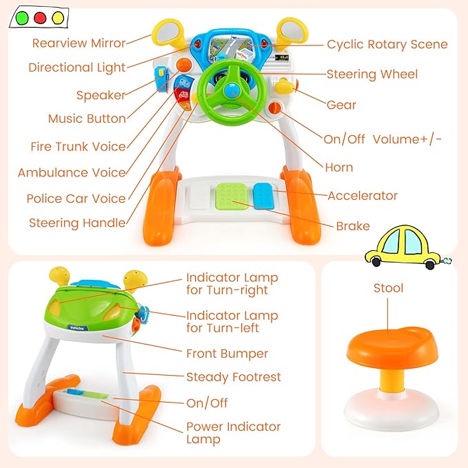 HONEY JOY Steering Wheels Toys for Toddler Boys Girls, Pretend Play Learning Driver Toy Cars for Preschool Baby, Lights & Music, Interphone, Pedal, My First Driving Educational Musical Toy w/Stool