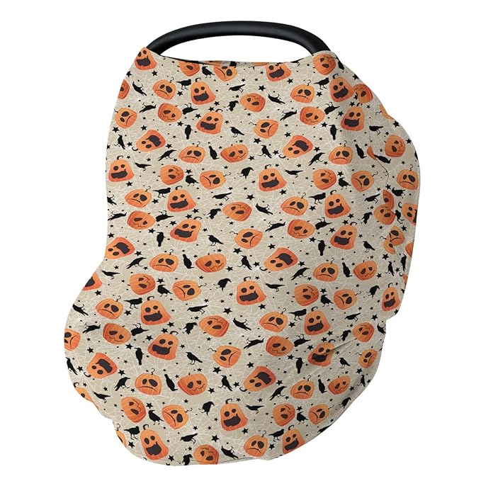 Halloween Pumpkin Black Crows Car Seat Cover for Babies Orange Pumpkins Stars Stretchy 5-in-1 Cover Adjustable Car Canopy Cover Spooky Halloween Breathable Nursing Cover-Up